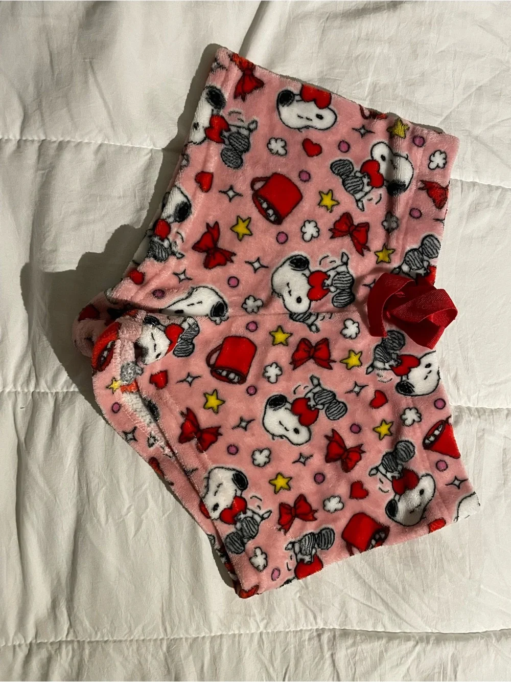 Peanuts Pink Snoopy Fleece Pajama Shorts with Red Bow